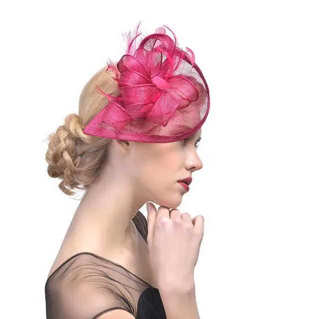 Hemp Yarn Banquet Net Top Hat Bridal Feather Hairpin Rose Red - Shop at LoveMi
