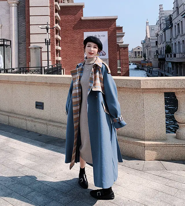 Fashion Contrast Stitching Plaid Small Woolen Coat Blue - Shop at LoveMi