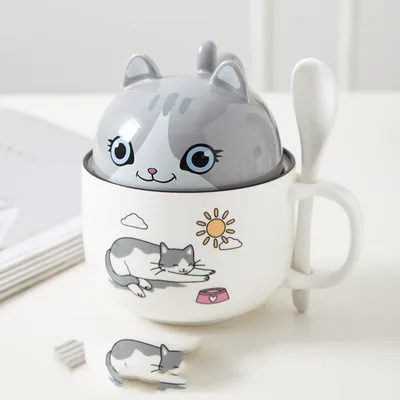 Cartoon Office Ceramic Mug With Lid Spoon Grey Shorteared Cat - Shop at LoveMi