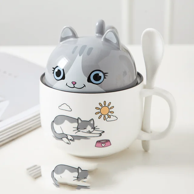 Cartoon Office Ceramic Mug With Lid Spoon - Grey Shorteared Cat - View 1