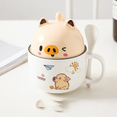 Cartoon Office Ceramic Mug With Lid Spoon Winking Pig - Shop at LoveMi
