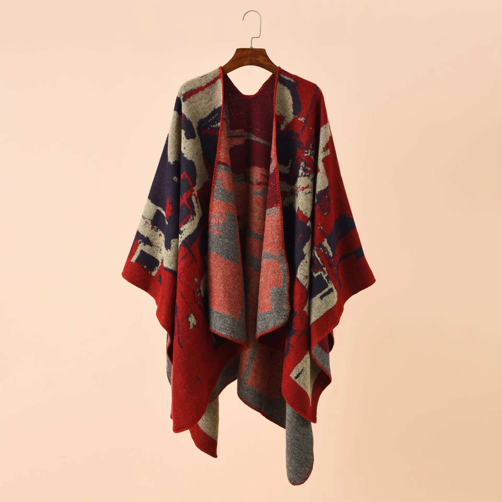 Irregular Geometric Check Pattern Imitation Cashmere Big Shawl - Red