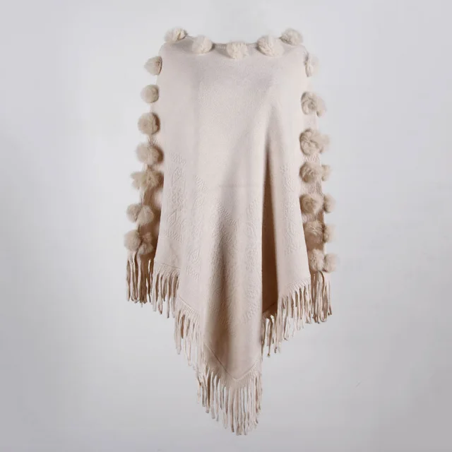 Fringed Cloak Shawl Hair Ball Round Neck Pullover Solid Color Sweater Women Apricot - Shop at LoveMi