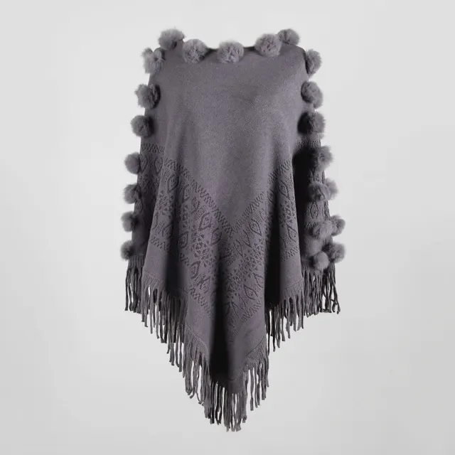Fringed Cloak Shawl Hair Ball Round Neck Pullover Solid Color Sweater Women Grey - Shop at LoveMi