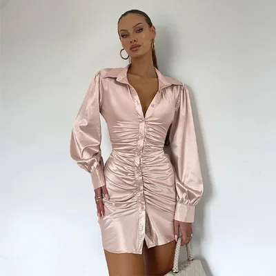 Lapel Buttoned Back Fashionable Sexy Dress Champagne M - Shop at LoveMi