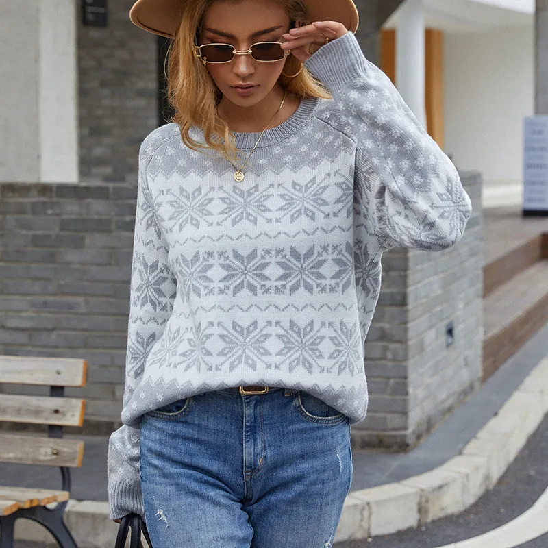 European And American Christmas New Snowflake Sweater Grey - Shop at LoveMi