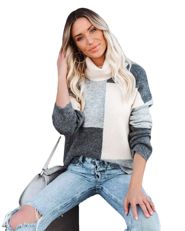 New High Neck Color Matching Sweater Loose Large Size Sweater Women - Shop at LoveMi