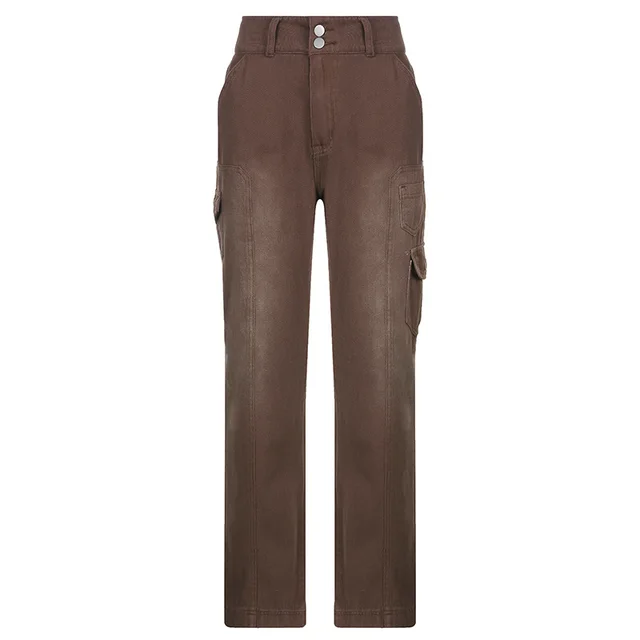 Fashion High Rise Loose Pocket Wide Straight Leg Pants Brown - Shop at LoveMi