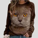 Cat Animal Print Round Neck Long Sleeve Pullover Sweatshirt - Coffee