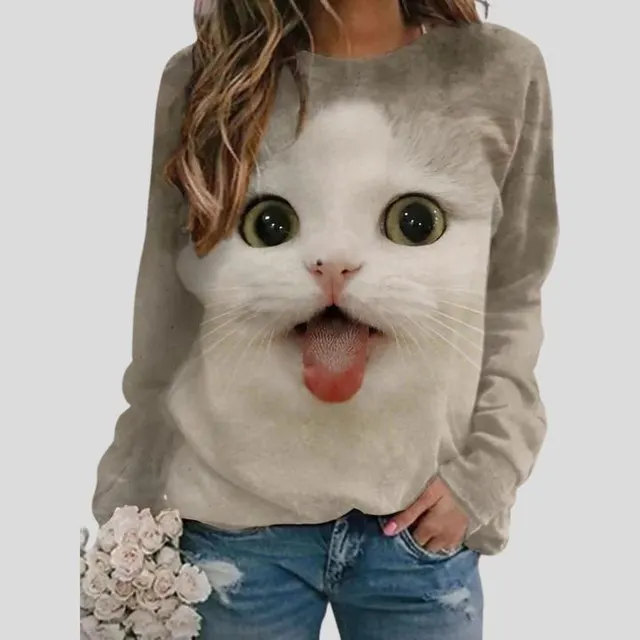 Cat Animal Print Round Neck Long Sleeve Pullover Sweatshirt Grey - Shop at LoveMi
