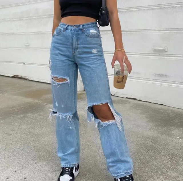 Fashion High Waist Ripped Wide Leg Thin Jeans Women Blue - Shop at LoveMi