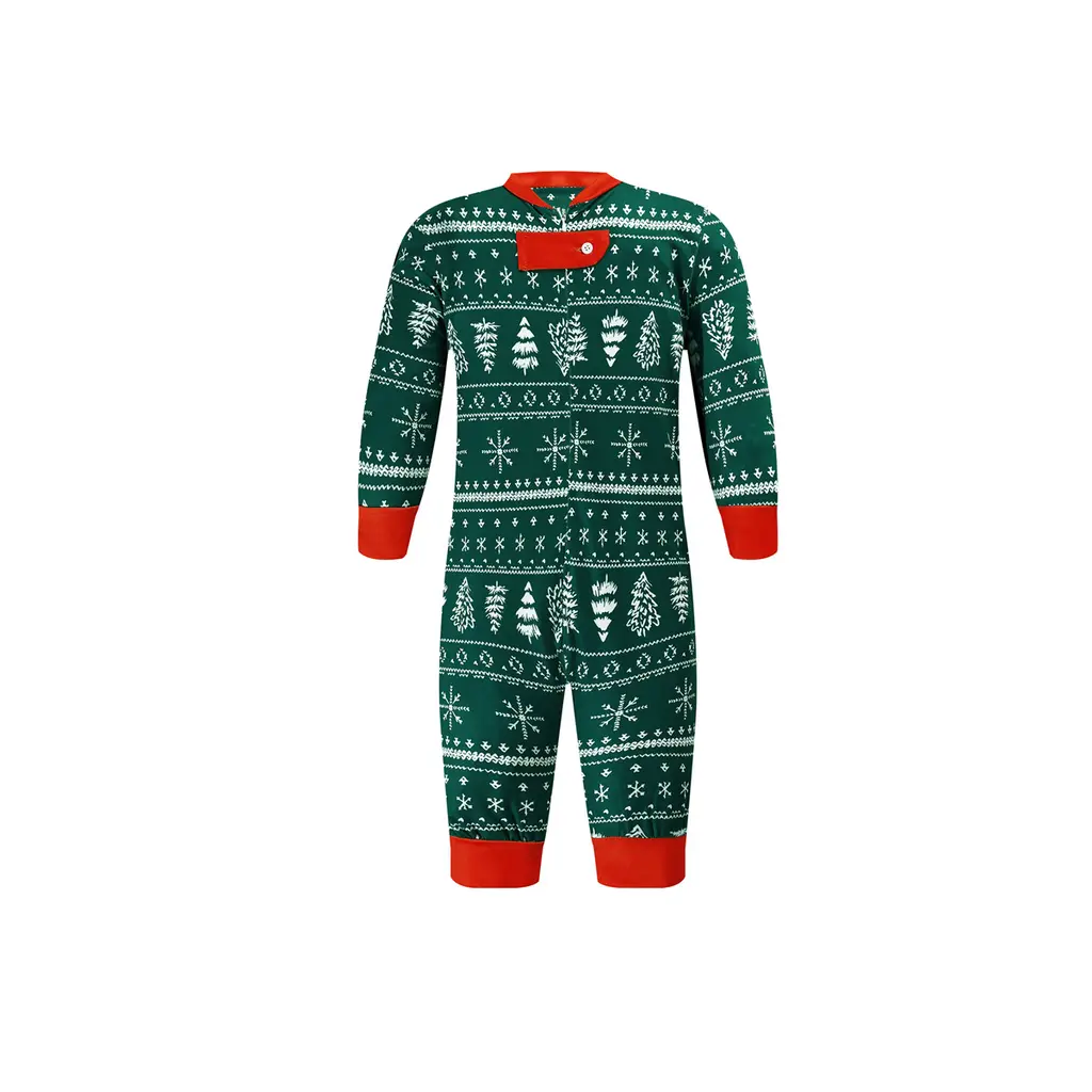 Christmas Print Contrast Color Parent-child Home Service Suit - Green