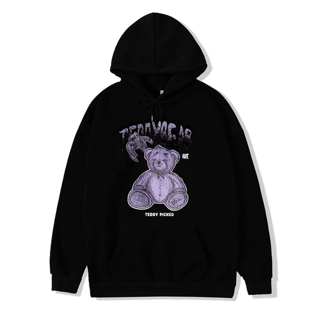 Autumn Korean Bear Casual Print Hooded Sweater Black - Shop at LoveMi