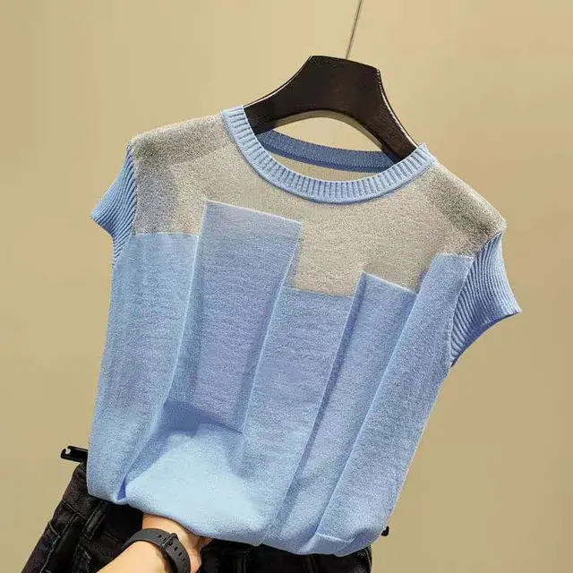 Ice Silk Short sleeved Knitted Bottoming Shirt Sky Blue - Shop at LoveMi