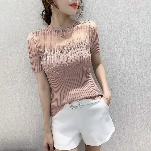All match Ice Silk Knitted Mesh Hollow Lace Top Pink - Shop at LoveMi