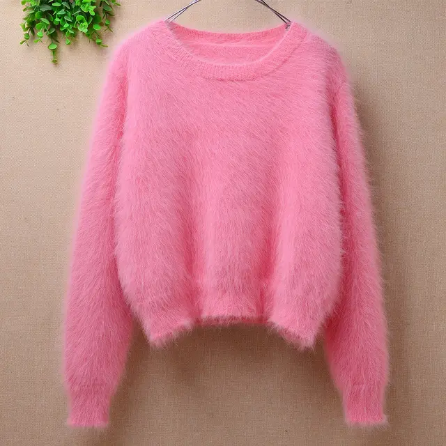 New Mink Velvet Loose Lazy Round Neck Lantern Sleeve Sweater Women Pink Short - Shop at LoveMi