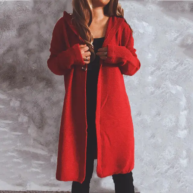 New Women's Single breasted Solid Color Long sleeved Hooded Knitted Long Sweater Cardigan Red - Shop at LoveMi