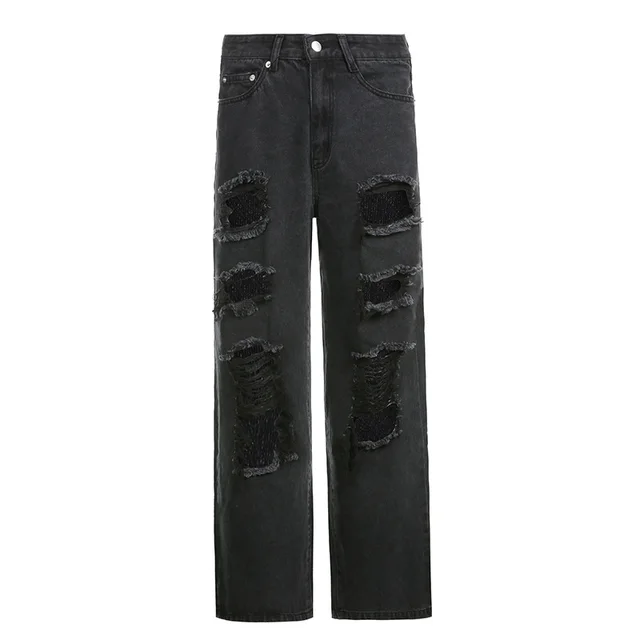 Asymmetrical Hole High rise Buttocks Straight leg Casual Jeans Black - Shop at LoveMi