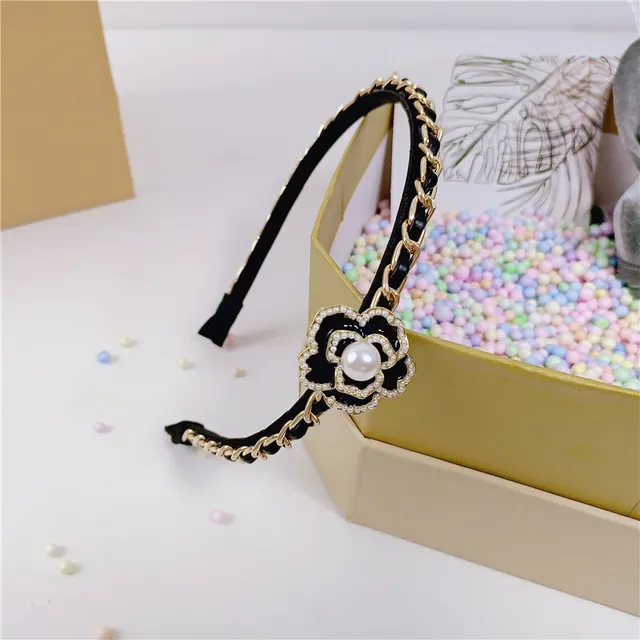 Fashion Chain Pearl Flower Dripping Hair Band Black On Black - Shop at LoveMi