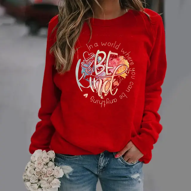 Graphic Print Long sleeved Round Neck Sweatshirt Red - Shop at LoveMi