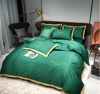 Cotton Four Piece Solid Color Wide Brim Embroidered Bedding For Wedding - Forest Green
