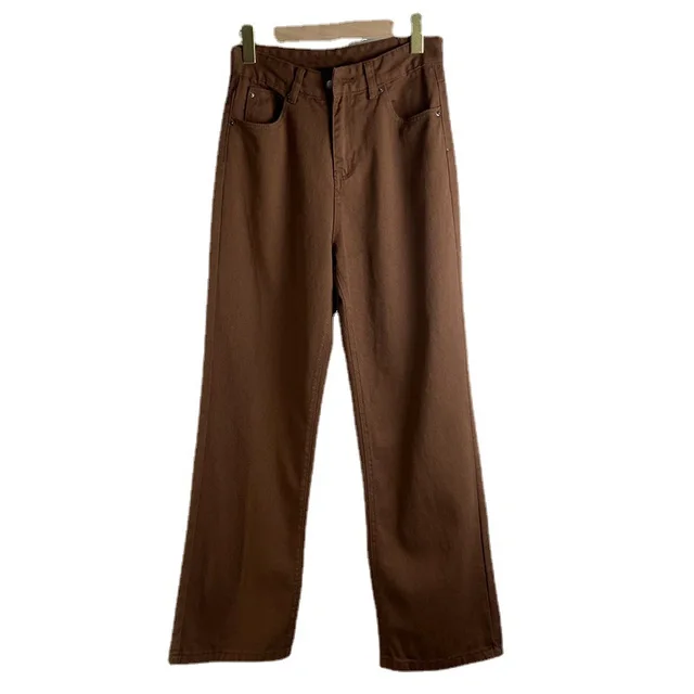 Brown Jeans Retro American Solid Color Looks Thin Brown - Shop at LoveMi
