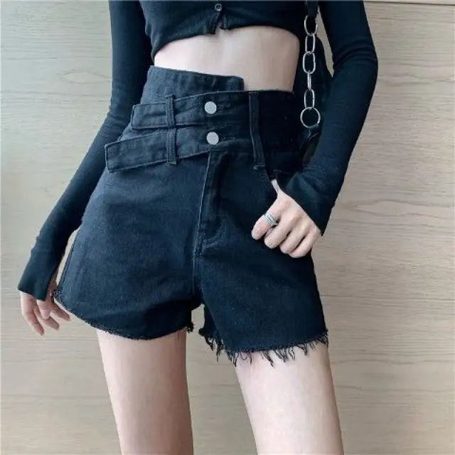 Women's Plus Size Slimming Irregular High Waist Denim Shorts Black - Shop at LoveMi