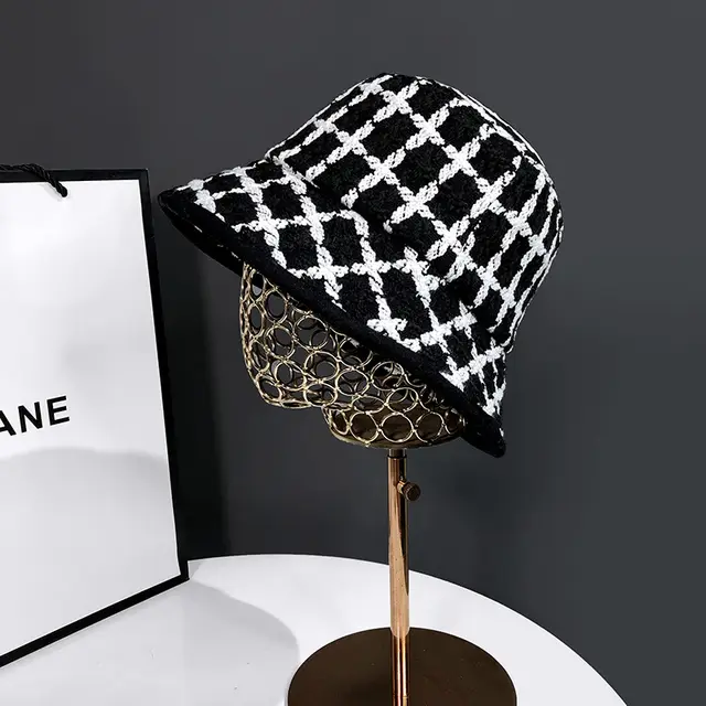 Black Plaid Knitted Fisherman Hat Female Retro Fashion Black - Shop at LoveMi
