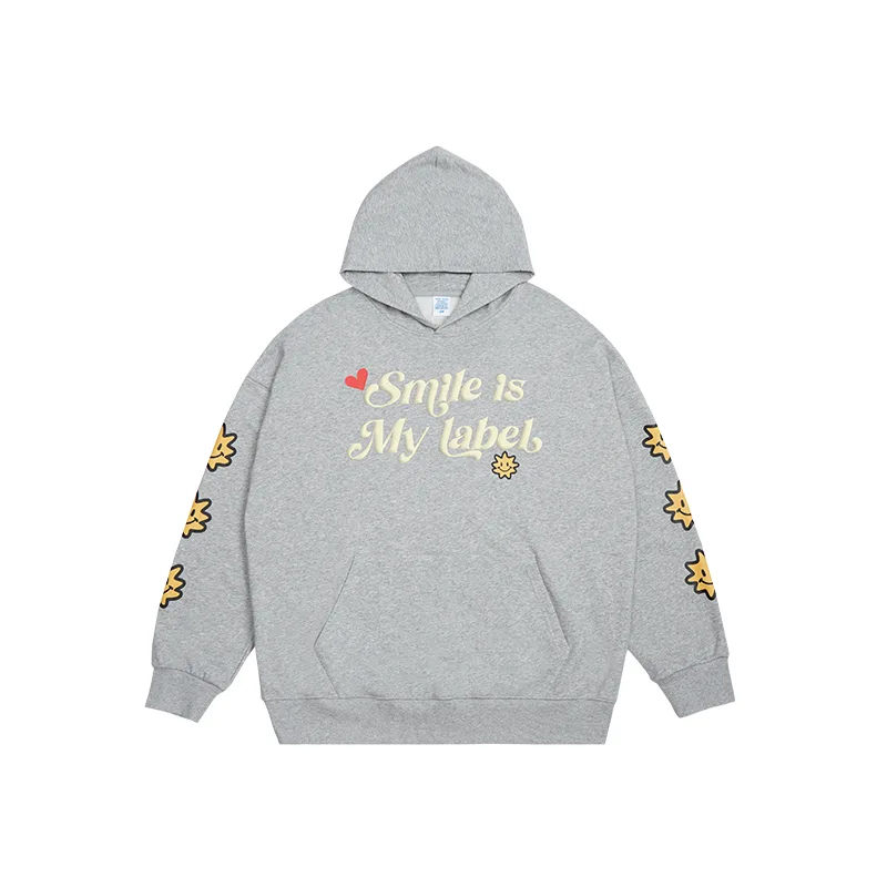 Sweatshirt Men's Loose Drop Shoulder Pullover Hooded Foam Letter Printing Top Flower Grey - Shop at LoveMi