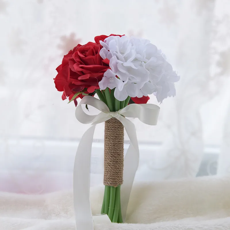 Wedding Supplies Small Bouquet Of Bridesmaids Holding Flowers - Red And White Rose Hydrangea