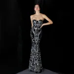 Sequined Long Dress Skirt Prom Party Etiquette Celebration Evening Dress - Black And Silver