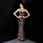 Sequined Long Dress Skirt Prom Party Etiquette Celebration Evening Dress - Black Gold