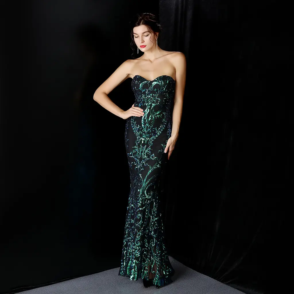 Sequined Long Dress Skirt Prom Party Etiquette Celebration Evening Dress - Green
