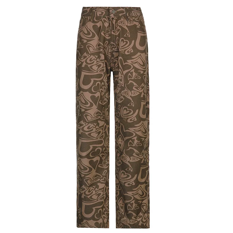 Abstract Love Pattern Contrast Colour Trendy Jeans - Brown - View 1