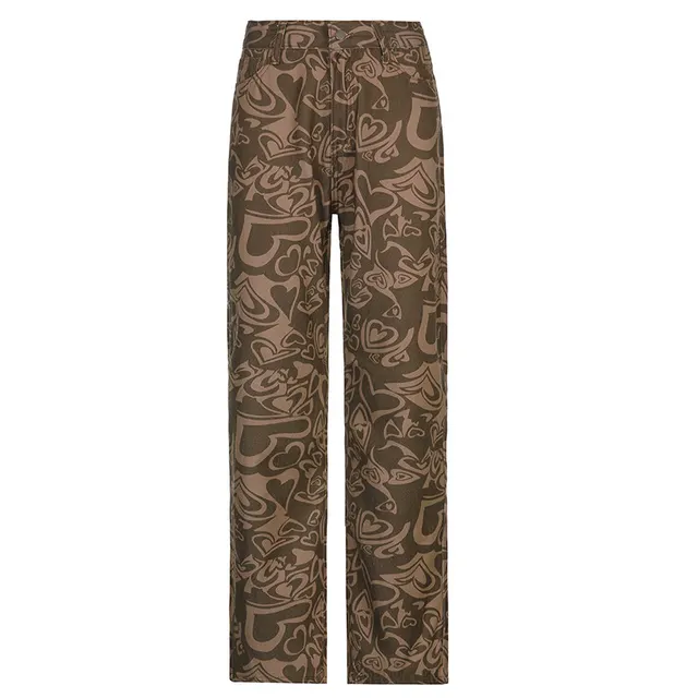 Abstract Love Pattern Contrast Color Trendy Jeans Brown - Shop at LoveMi