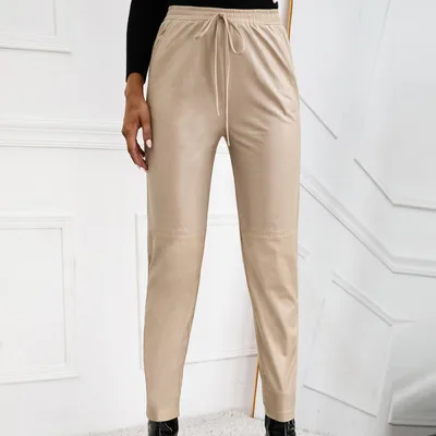 Casual Loose Motorcycle PU Elastic Leather Trousers Apricot - Shop at LoveMi