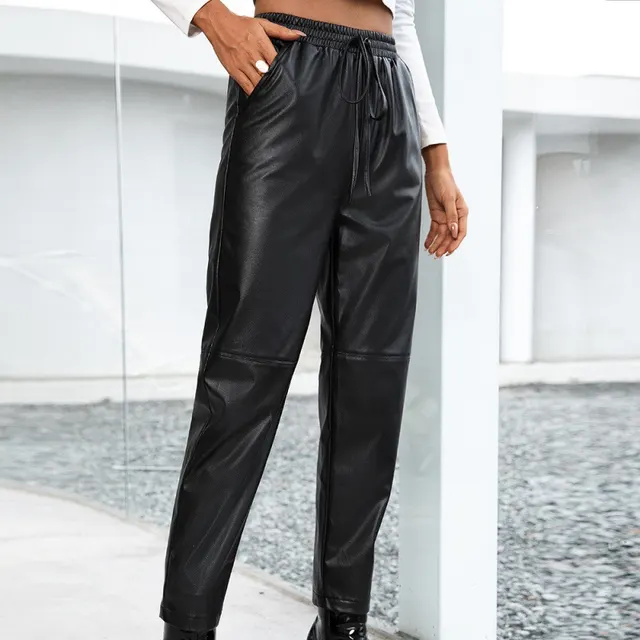 Casual Loose Motorcycle PU Elastic Leather Trousers Black - Shop at LoveMi