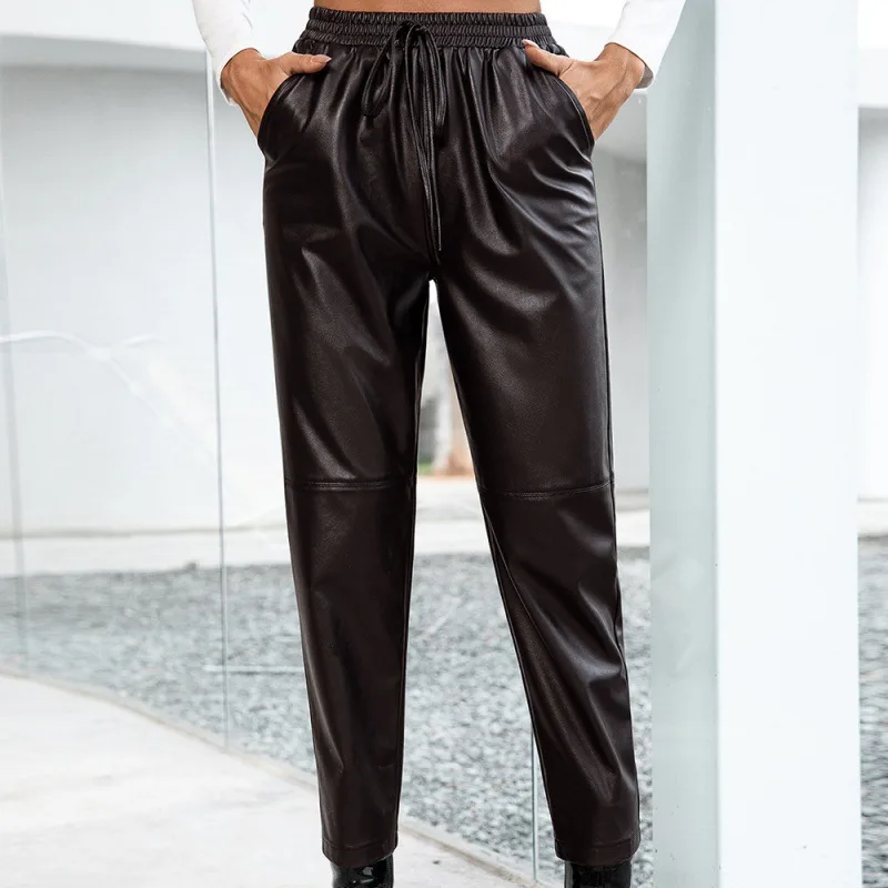 Casual Loose Motorcycle PU Elastic Leather Trousers Coffee - Shop at LoveMi