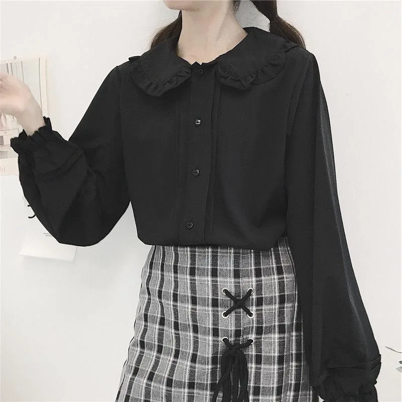 New Japanese Soft Girl Doll Collar Lantern Long Sleeve Shirt Black - Shop at LoveMi