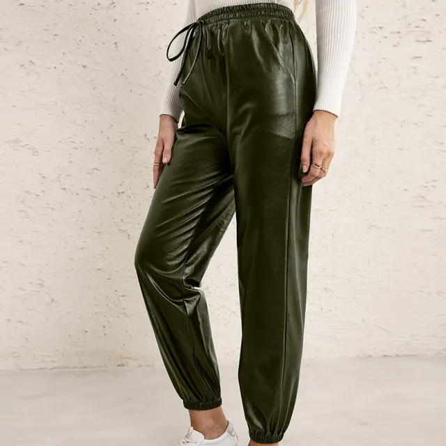 Loose Casual All match Elastic Waist Belted Leather Pants Green - Shop at LoveMi