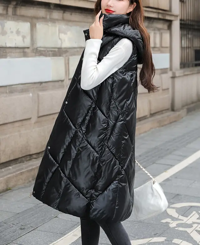 Korean Style Long Down Padded Jacket With Hooded Vest Black - Shop at LoveMi