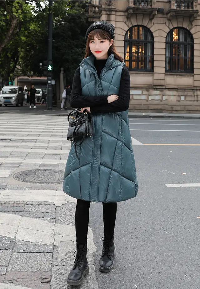 Korean Style Long Down Padded Jacket With Hooded Vest Green - Shop at LoveMi