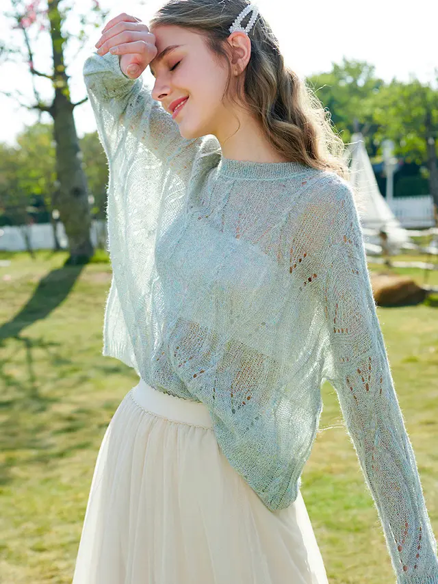 Women's New Solid Color Hollow Pullover Sweater Top Green - Shop at LoveMi