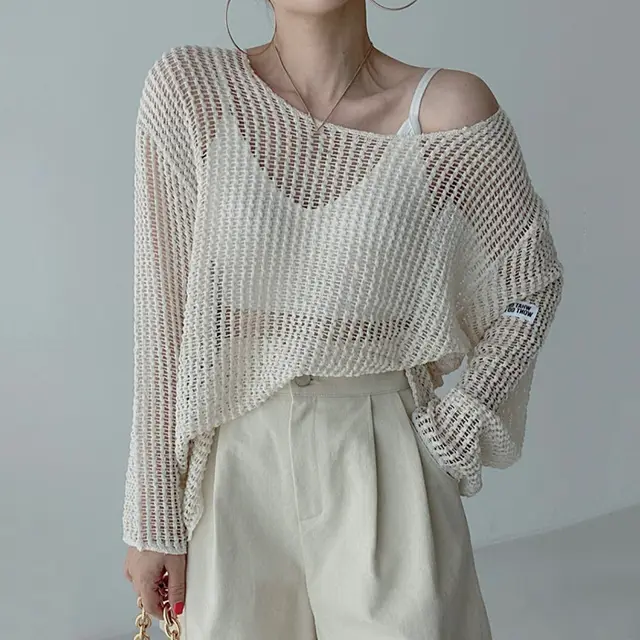 Women's Thin Cut out Perspective Sunscreen Knitted Blouse Beige - Shop at LoveMi