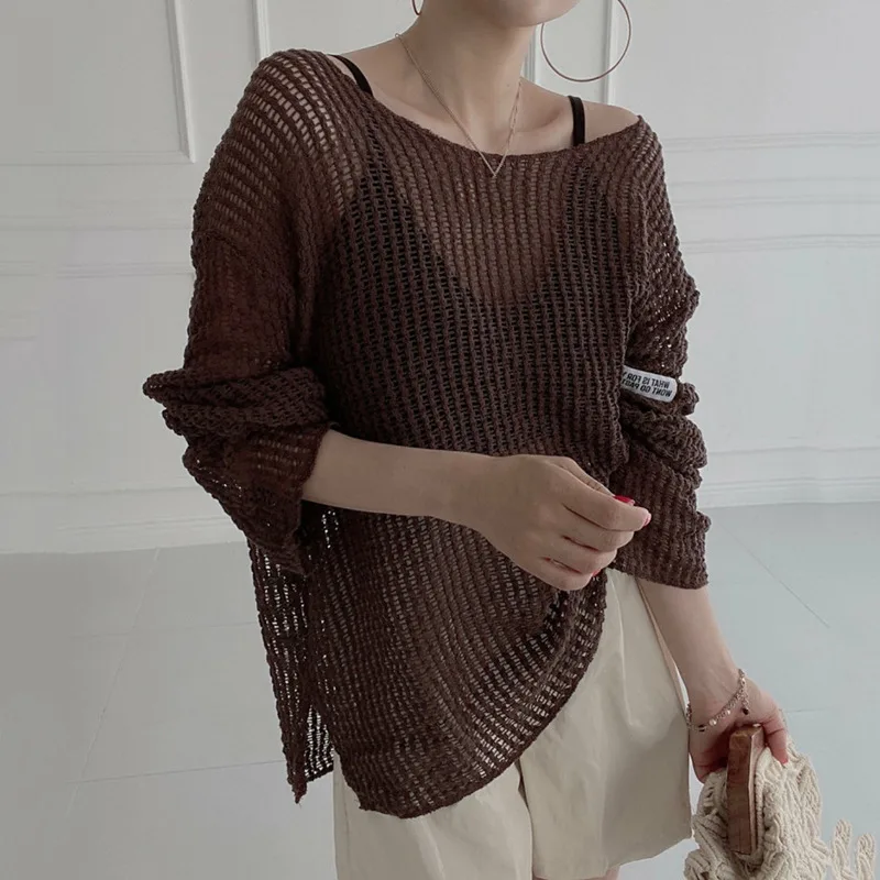 Women's Thin Cut-out Perspective Sunscreen Knitted Blouse - Coffee