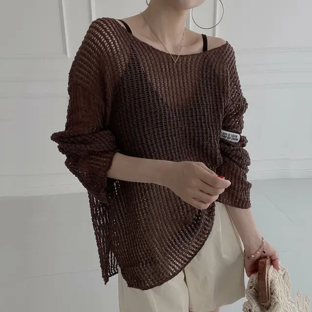 Women's Thin Cut out Perspective Sunscreen Knitted Blouse Coffee - Shop at LoveMi