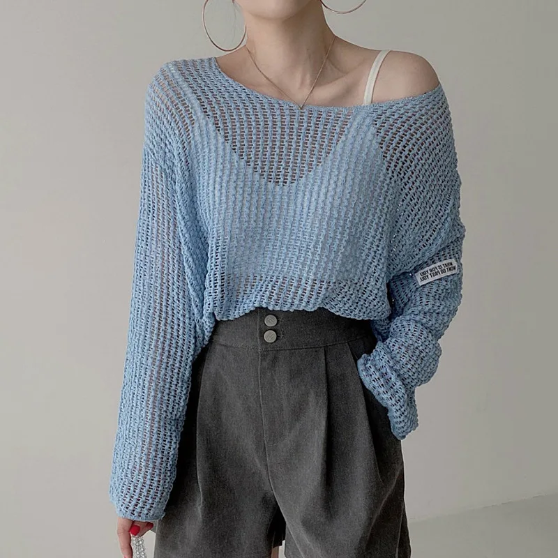 Women's Thin Cut-out Perspective Sunscreen Knitted Blouse - Sky Blue