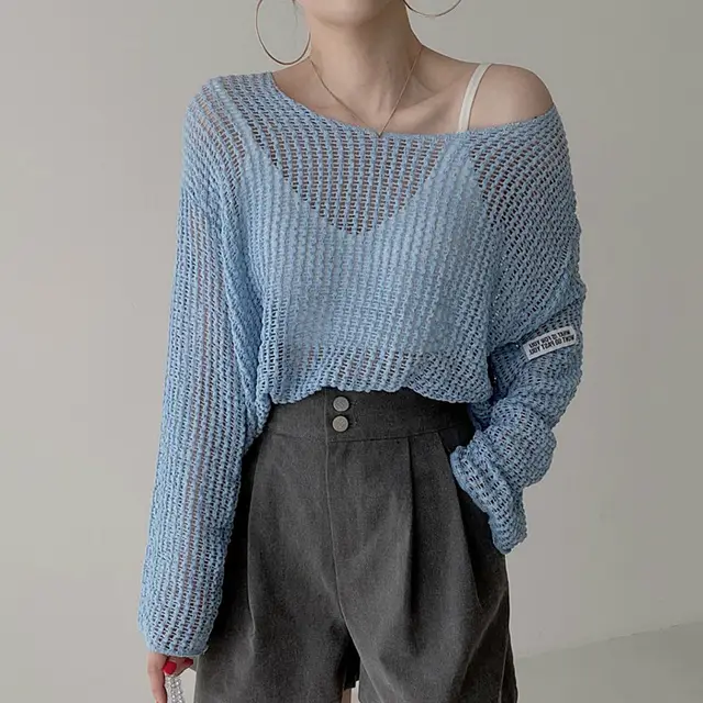 Women's Thin Cut out Perspective Sunscreen Knitted Blouse Sky Blue - Shop at LoveMi