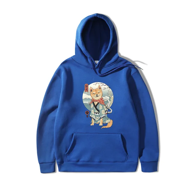 Shiba Inu Dog Illustration Printed Casual Hooded Sweater Blue - Shop at LoveMi