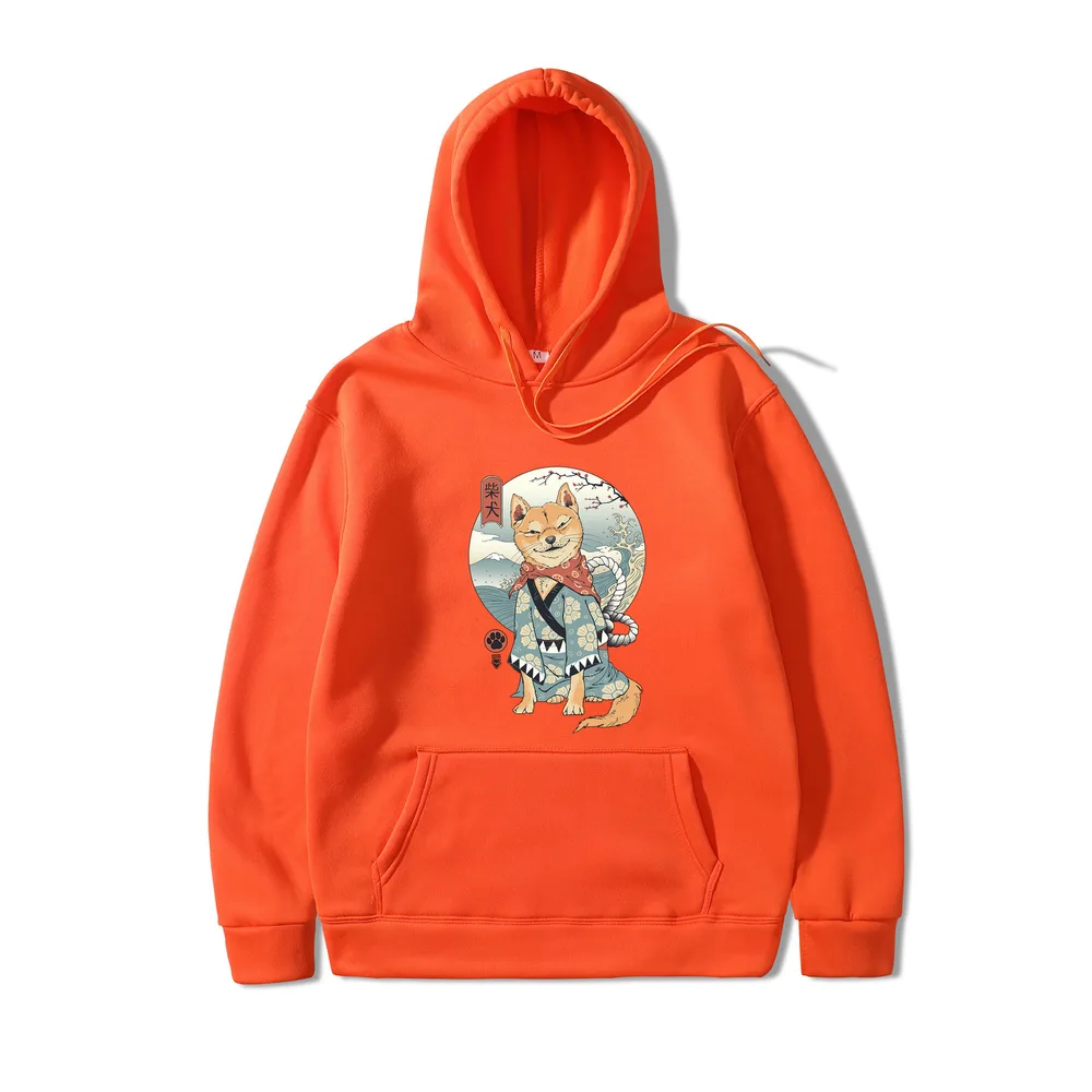 Shiba Inu Dog Illustration Printed Casual Hooded Sweater Orange - Shop at LoveMi